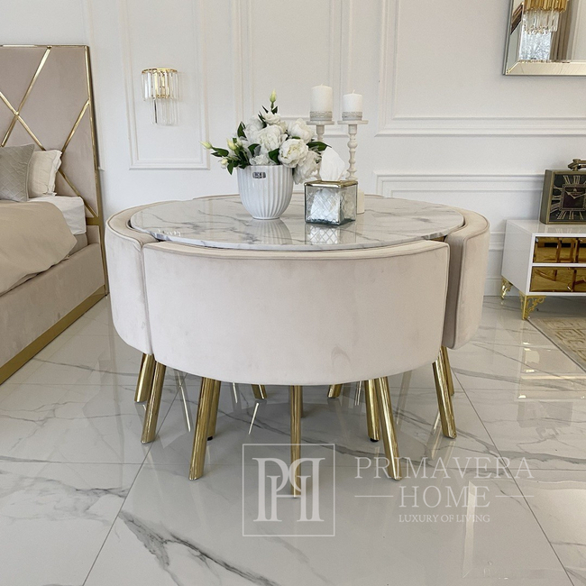 Dining table with chairs, glamour, round set, modern, white - gold SMART