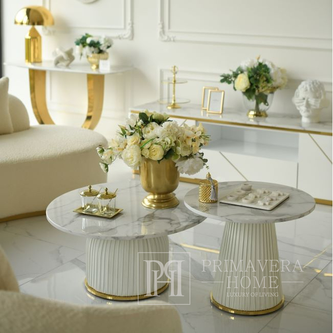 Kavos staliukas, apvalus, dizaineris, glamour, svetainei, smėlio spalvos, auksinis, staliukas KENDALL 