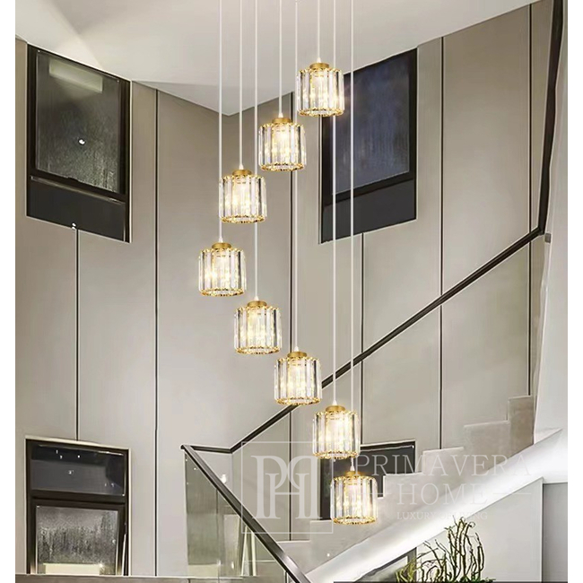 Kristall-Kronleuchter, hängend, Gold, Designer, exklusiv, im modernen Stil, mit Glasschirmen, STARS XL Hängelampe über der Treppe 