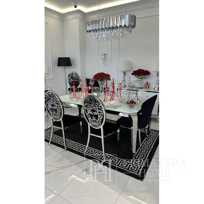 Stół glamour z białym szklanym blatem, srebrny, stalowy, nowoczesny, designerski ELITE