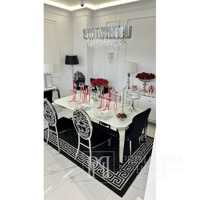 Stół glamour z białym szklanym blatem, srebrny, stalowy, nowoczesny, designerski ELITE