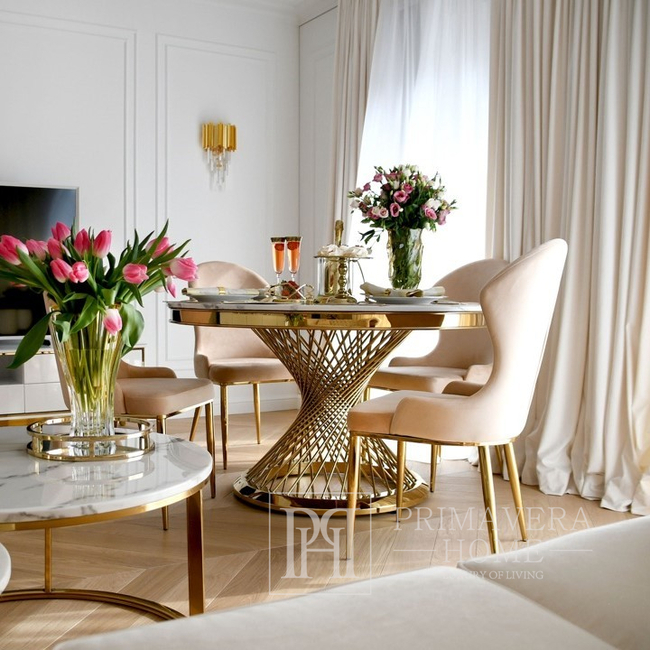 Dizaino stalas ANTONIO 130 cm apvalus plienas valgomajam su balto, juodo marmuro stalviršiu, modernaus glamūrinio aukso 