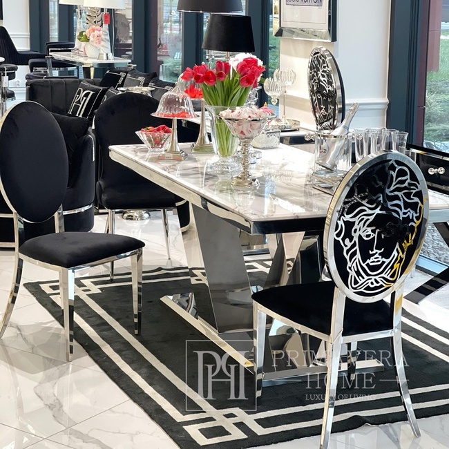 Silberweißer Glamour-Tisch für das Esszimmer, exklusiv, modern, Marmor, Silber LV COLLECTION