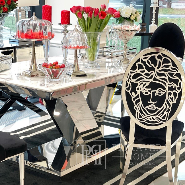 Sidabrinis baltas glamour stalas valgomajam, išskirtinis, modernus, marmurinis, sidabrinis LV KOLEKCIJA