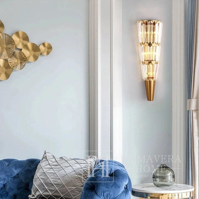 Kinkiet kryształowy, złoty, glamour, podłużny, stożek, designerska lampa ścienna CRYSTAL 