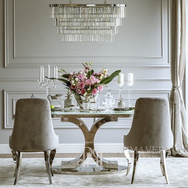Luksusowe krzesło do jadalni, glamour, z giętą nogą, wygodne, klasyczne, styl nowoczesny, szare, srebrne CAMILLA 