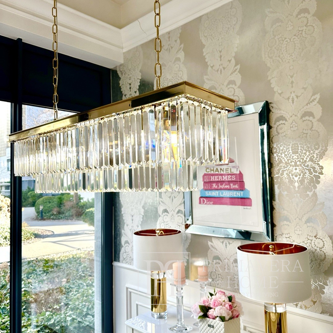 Żyrandol glamour kryształowy prostokątny, nowoczesny, podłużna lampa wisząca, złoty GLAMOUR