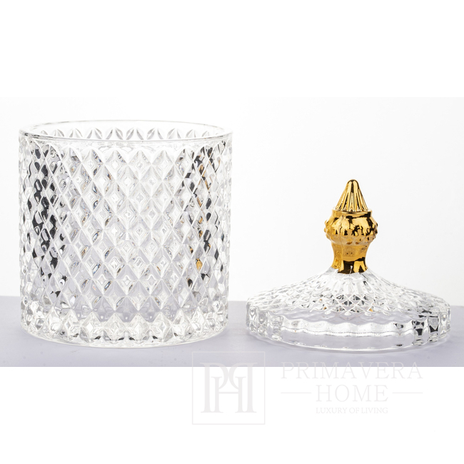 Glass container, smoked, gold, decorative, for accessories, for a dressing table, for jewelry, closed 