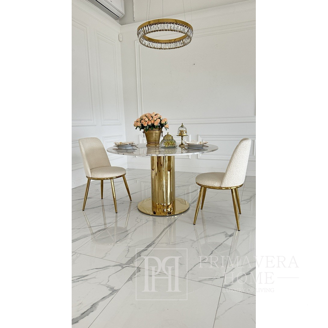 Apvalus spalvingas pietų stalas ant auksinės plieninės kojos, modernus, 130 cm ORION 