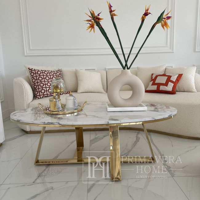 Glamūrinis auksinis, modernus, ovalus kavos staliukas 130cm NORMAN