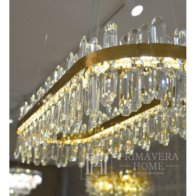 Krištolo sietynas, glamūrinis, auksinis, pailgas, dizaineris, išskirtinis modernaus stiliaus, pakabinamas šviestuvas virš stalo BULGARI L 100cm 