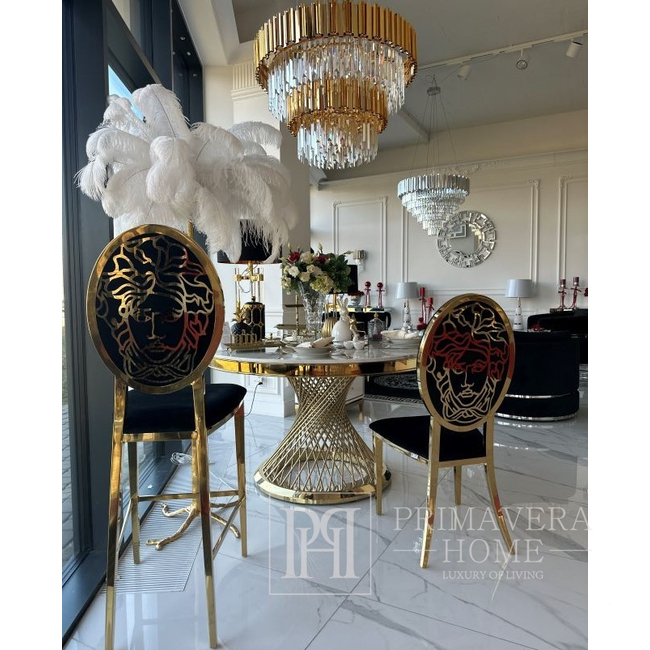 Designerski stół ANTONIO 130 cm okrągły stalowy do jadalni z białym, czarnym blatem marmurowym nowoczesny glamour złoty