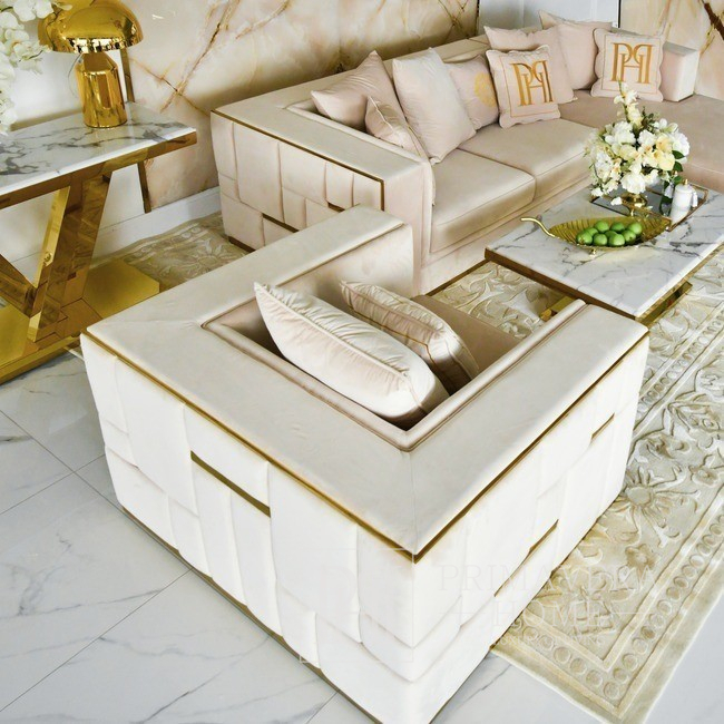 Sofa glamour ekskluzywna narożna nowoczesna, tapicerowana, złota, beżowa, narożnik prawostronny EMPORIO OUTLET 