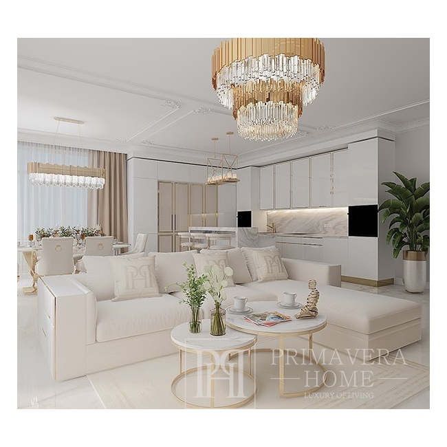 Išskirtinė glamūrinė kampinė sofa, moderni, minkšta, auksinė, smėlio spalvos, dešinė kampinė sofa EMPORIO OUTLET 