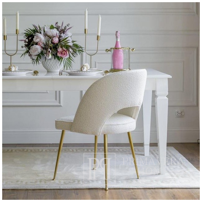 Krzesło glamour, boucle, nowoczesne, tapicerowane, do jadalni, do salonu, do biura, wygodne, półokrągłe, złote, srebrne CARDINALE 