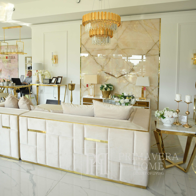Išskirtinė 3 vietų glamūrinė sofa, minkšta, prabangi, dizainerio, smėlio spalvos, auksinė EMPORIO 226cm OUTLET