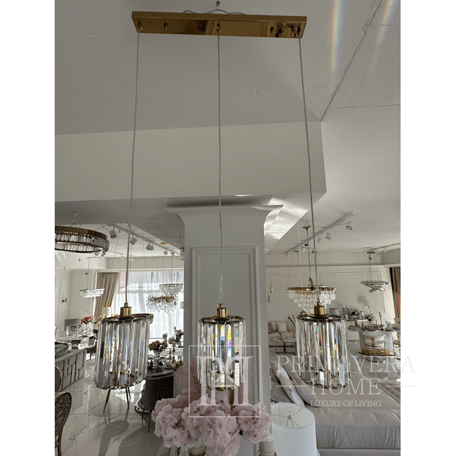 Crystal chandelier, glamor pendant lamp, oblong, gold, designer, exclusive, with glass shades, over the island STARS L 