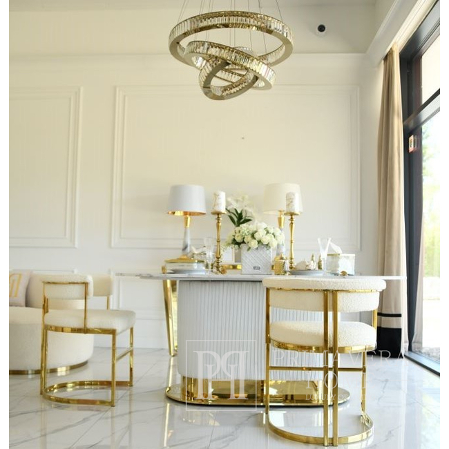 Designer-Glamour-Stuhl, Gold, Bouclé, für das Esszimmer, modern, halbrund, für den Schminktisch, Stahl MARCO 