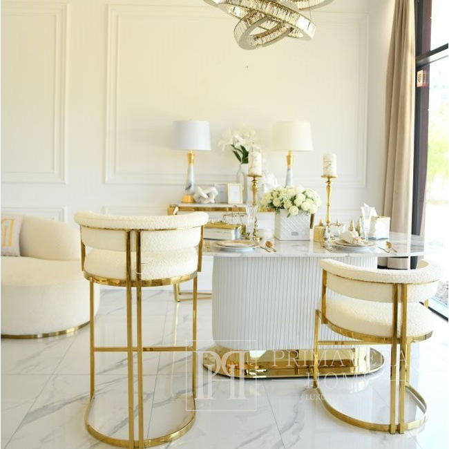 Designer glamor chair, gold, boucle, for the dining room, modern, half-round, for the dressing table, steel MARCO 