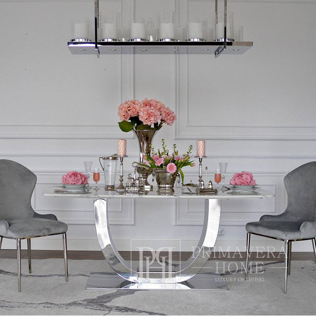 Išskirtinis žavingas stalas valgomajam, modernus, dizainerių sukurtas, balto marmuro stalviršis, sidabrinis ART DECO