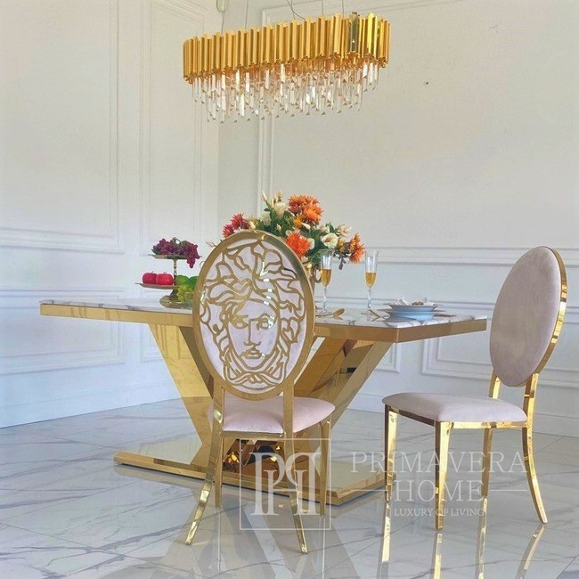 Išskirtinis glamūrinis pietų stalas, modernus, su baltu konglomeratu, auksinis LV COLLECTION OUTLET 