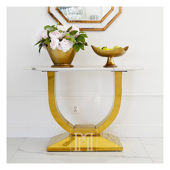 Glamor console in a modern style, with a white marble top, ART DECO gold OUTLET 
