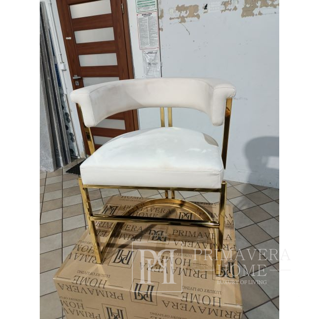 Krzesło glamour nowoczesne, do jadalni, nowoczesne, półokrągłe, do toaletki, stalowe, beżowe, złote MARCO OUTLET 