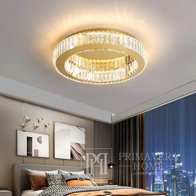 Krištolinis, auksinis, dizainerių sukurtas lubinis šviestuvas, išskirtinis modernaus stiliaus, apvalus, žiedinis, lubinis šviestuvas ECLIPSE 50 cm