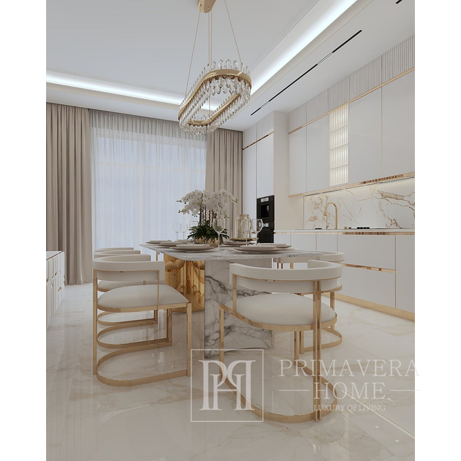 Glamouröser Tisch MILANO, exklusiv für das Esszimmer, modern, weiße Marmorplatte, goldene Marmorbeine 