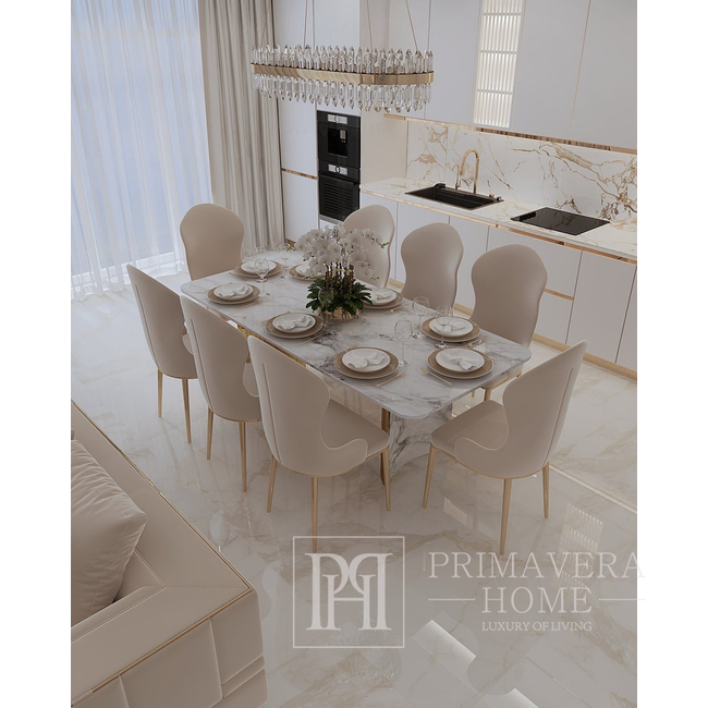 Stół glamour MILANO, ekskluzywny do jadalni, nowoczesny, blat biały marmur, nogi złote marmurowe 