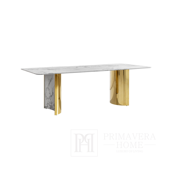 MILANO spalvingas stalas, išskirtinis valgomajam, modernus, balto marmuro stalviršis, auksinės marmurinės kojos 