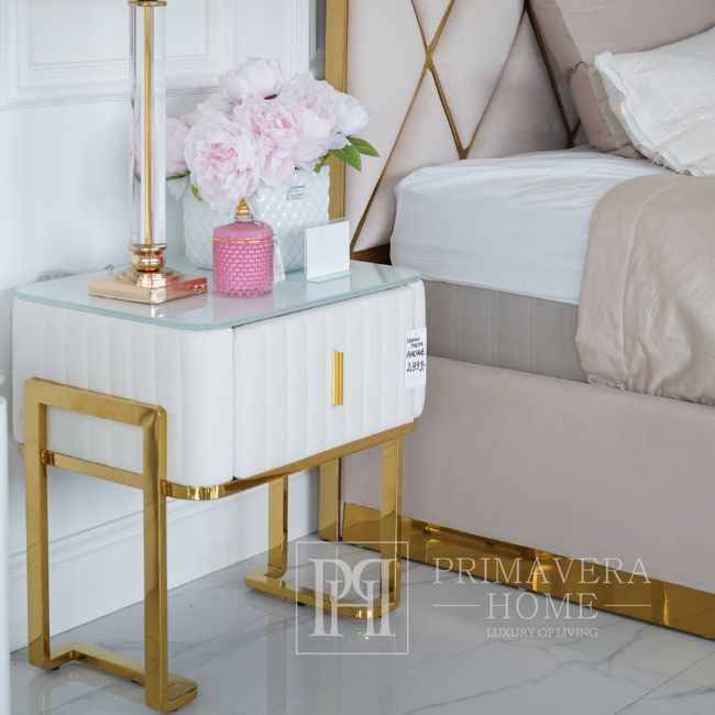 Moderner Glamour-Nachttisch, Beige, Gold, Beistelltisch mit Schublade AMORE 