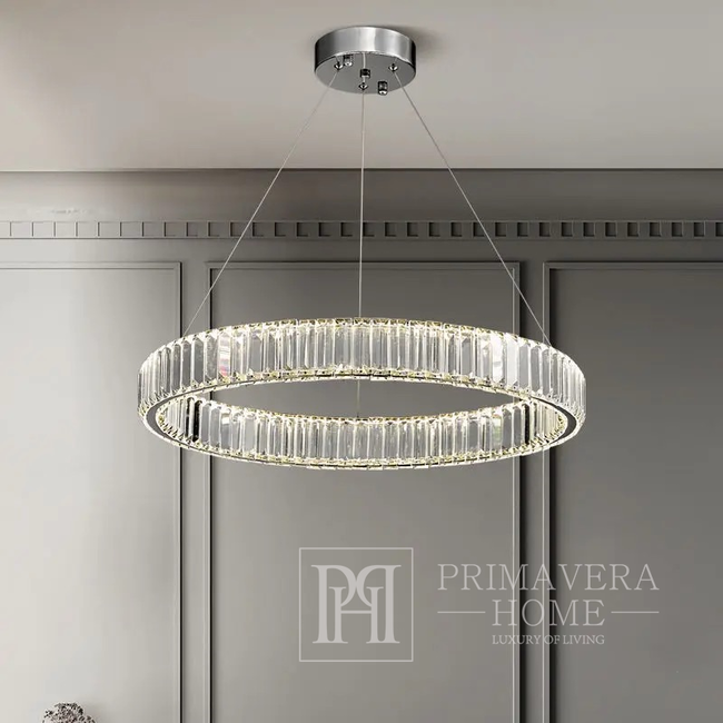 Crystal chandelier, ring, silver, modern glamor pendant lamp for the living room, adjustable ECLIPSE M 80 cm 