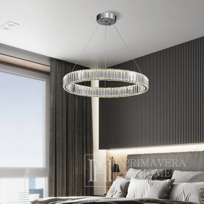 Crystal chandelier, ring, silver, modern glamor pendant lamp for the living room, adjustable ECLIPSE S 60cm 