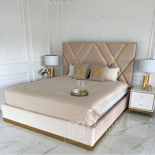 Upholstered glamor bed, modern, with a gold slat, beige 180x200cm IMPERIAL OUTLET 