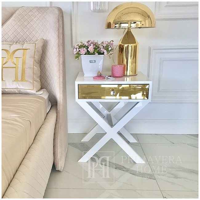 Glamorous side bedside table, wooden, lacquered, modern for the living room, bedroom, gold VIKI OUTLET 