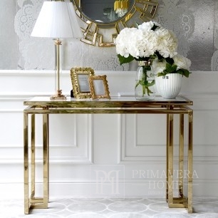 Die einzigartige OSKAR GOLD Konsole aus hochwertigem goldfarbenem Edelstahl und Marmor imitierendem Konglomerat im Glamour- und Art-Deco-Stil.