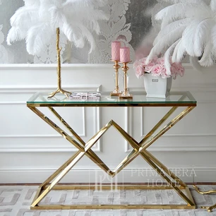 Moderni glamūro stiliaus konsolė, nerūdijantis plienas, stiklas, auksas, CONRAD