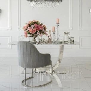 Ekskluzywne krzesło z podłokietnikami, nowoczesne, glamour, stalowe, półokrągłe, szare, srebrna OPERA