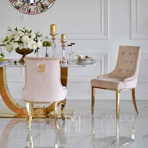 Luksusowe krzesło tapicerowane, nowoczesne, z pikowaniem, do kuchni, na prostych, stalowych nogach, z kołatką, beżowe, złote  MADAME