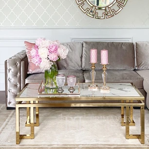 Nowoczesny stolik kawowy, glamour, klasyczny, stalowy, z białym blatem, marmur, złoty OSKAR OUTLET