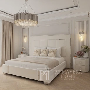 Ein modernes Bett für das Schlafzimmer, gepolstert, Glamour, Designer, weißes Kunstleder, silbernes SOHO