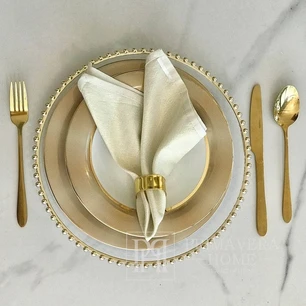 Beautiful underplate, decorative placemat with gold trim, transparent table stand