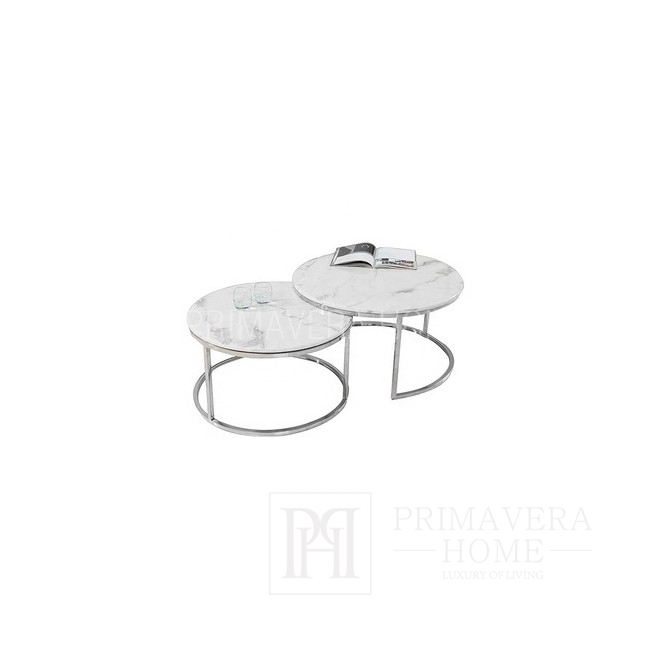 Kavos staliukas šiuolaikiškas, glamour stiliaus, sidabrinis su balto akmens viršumi  MARCO SILVER 