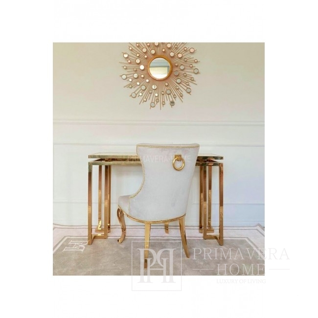 Kėdė minkšta, dygsniuota su plieninėmis kojomis, aukso ir pilkos spalvos, svetainei GRETA 