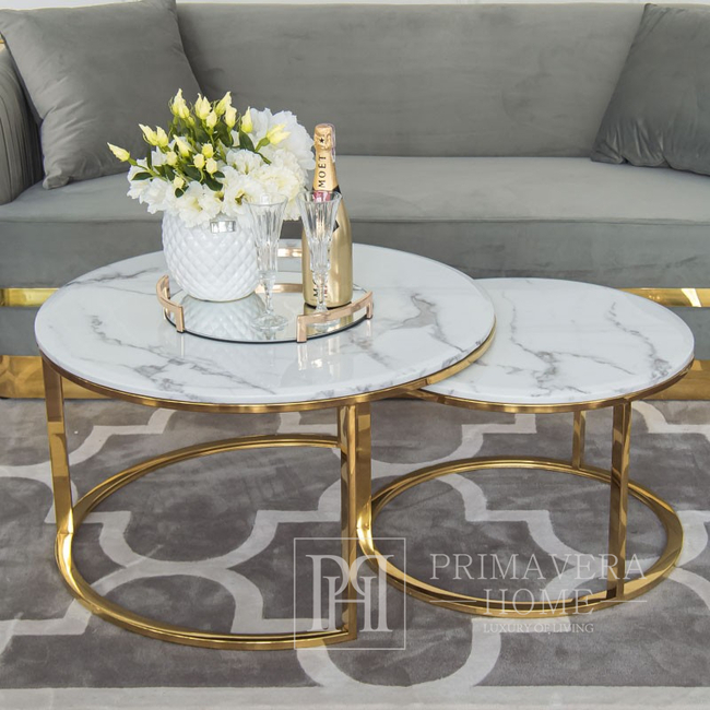 Glamour Couchtisch, modernes Gold mit weißer Steintischplatte MARCO GOLD 