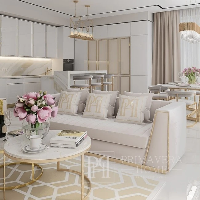 Sofa smėlio spalvos, dygsniuota, velvet, šiuolaikiška, glamour stiliaus, svetainei, auksinė MONTE CARLO