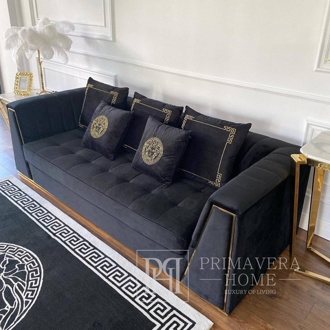 Sofa juoda, dygsniuota, velvet, šiuolaikiška, glamour stiliaus, svetainei, auksinė MONTE CARLO 