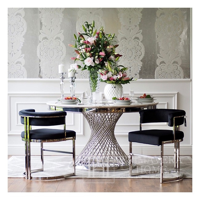 MARCO sidabrinė glamūrinė kėdė svetainei ir juodam valgomajam 