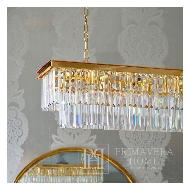 GLAMOUR sietynas 120 cm krištolinis stačiakampis, modernus, pailgas kabantis šviestuvas, auksinis 